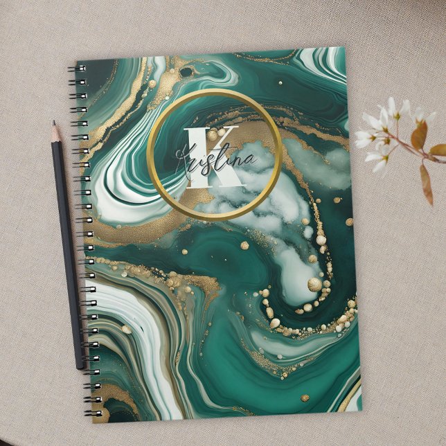 Caderno Espiral Green Emerald Marble com Dourado Nome inicial (Criador carregado)