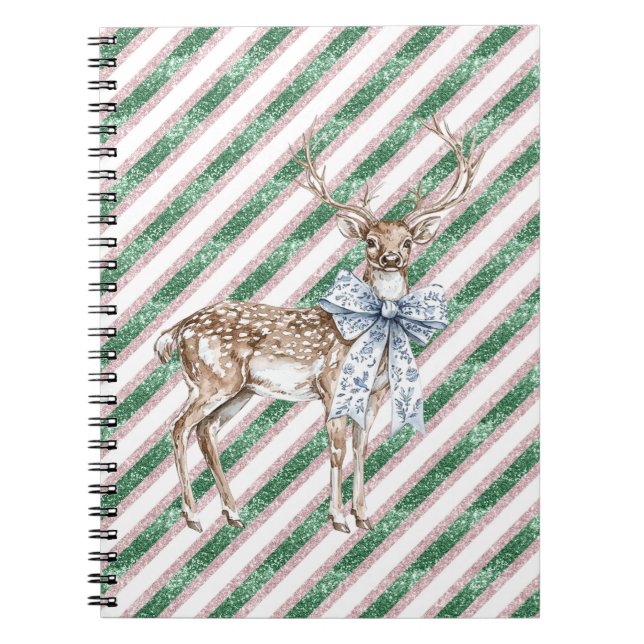Caderno Espiral Green Glitter Stripes Blue White Bow Deer  (Frente)