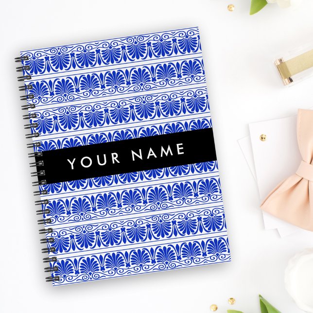 Caderno Espiral Grego Fret Arabesque Azul, Seu Nome, Personalize (Criador carregado)