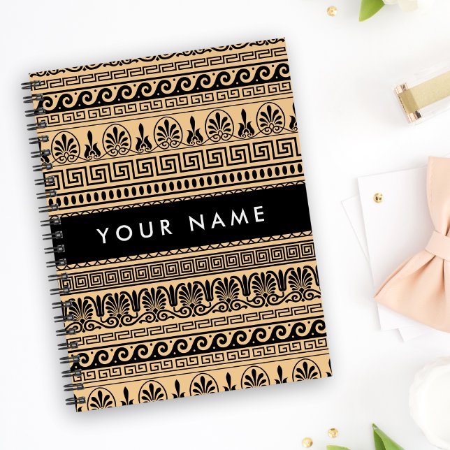 Caderno Espiral Grego Fret, Mista Chave Meander, Brown, Seu Nome (Criador carregado)