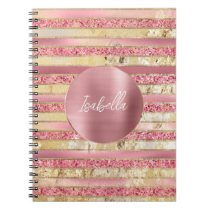 Caderno Espiral Grelha Dourada, Rosa-Glama, Listras