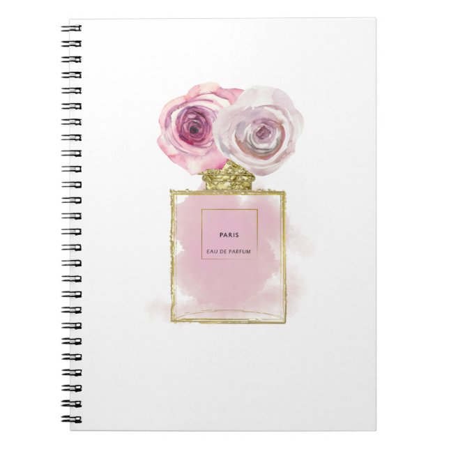 Caderno Espiral Grelha Floral Frasco de Perfume Rosas Rosa Dourada (Frente)