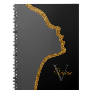 Caderno Espiral Grey Black And Gold Glitter Face Monogram Name