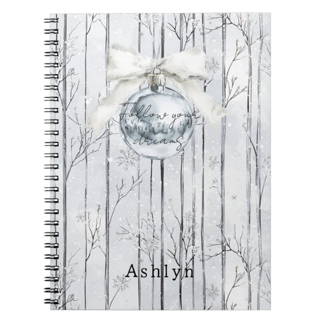 Caderno Espiral Grey Silver Bow Ornament Christmas Winter Trees (Frente)