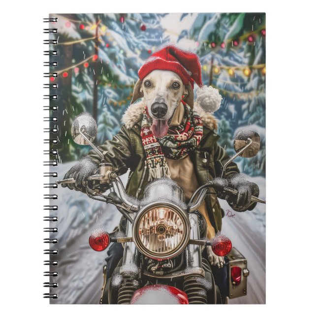 Caderno Espiral Greyhound Dog Andando na motocicleta (Frente)