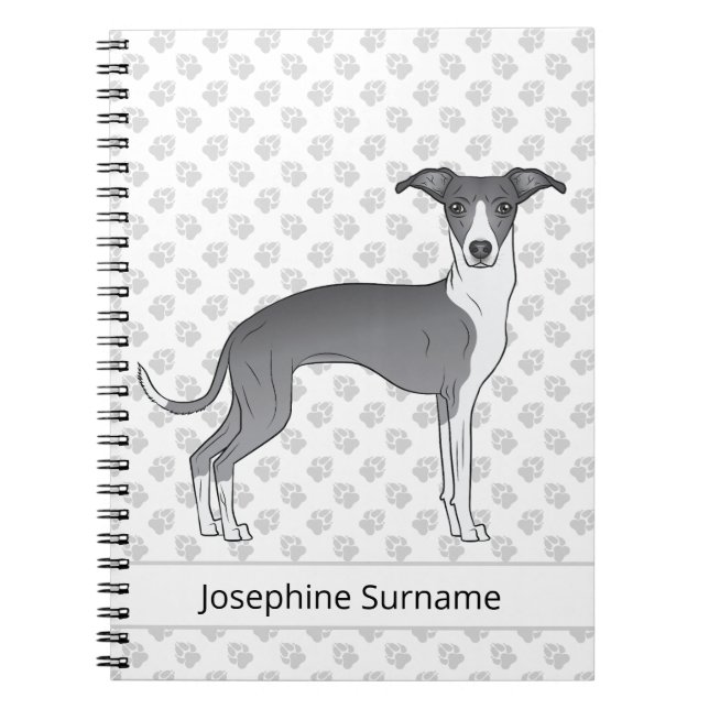 Caderno Espiral Greyhound Italiano Azul E Branco Com Texto Persona (Frente)