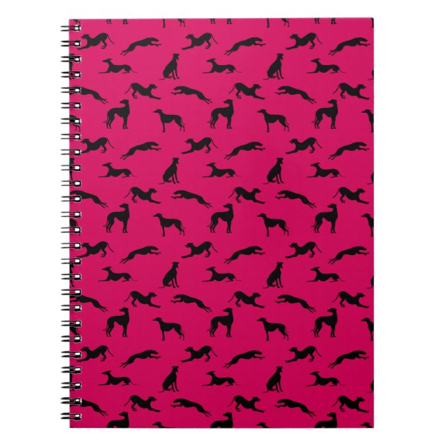 Caderno Espiral Greyhound Silhouettes Preto a Rosa Brilhante (Frente)