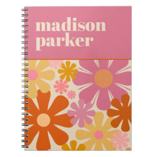 Caderno Espiral Groovy Retro Floral Personalizado 60s Estético
