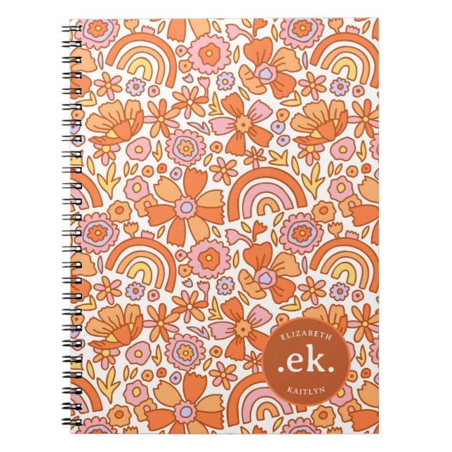 Caderno Espiral Groovy Retro Orange Florals Monograma (Frente)