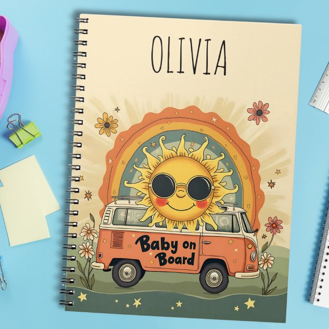 Caderno Espiral Groovy Retro Smiling Baby Sun, Peace & Love Vibes (Criador carregado)