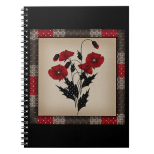 Caderno Espiral Grunge oldish retro vintage papoilas flores vermel