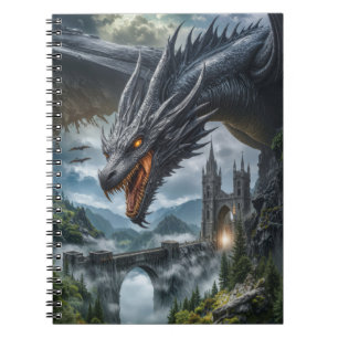 Caderno Espiral Guarda Dragão Negro de um Castelo Gótico na Montan