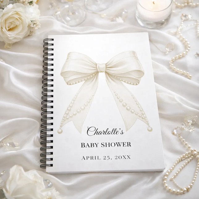 Caderno Espiral Guest book Baby Shower bow ivory white pearls (Criador carregado)