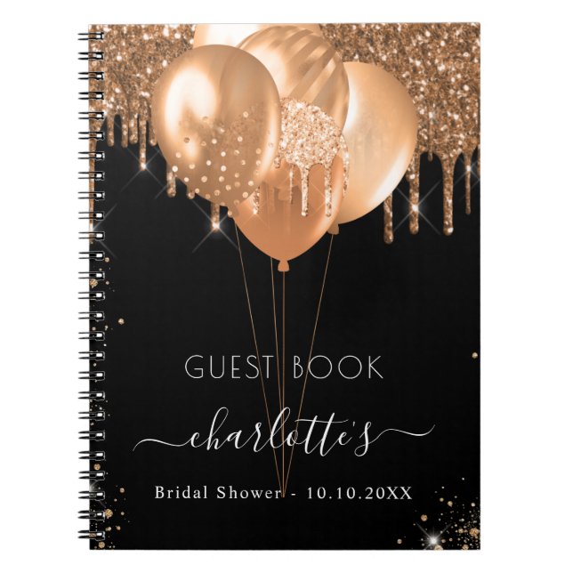Caderno Espiral Guest book Bridal Shower black gold glitter name (Frente)