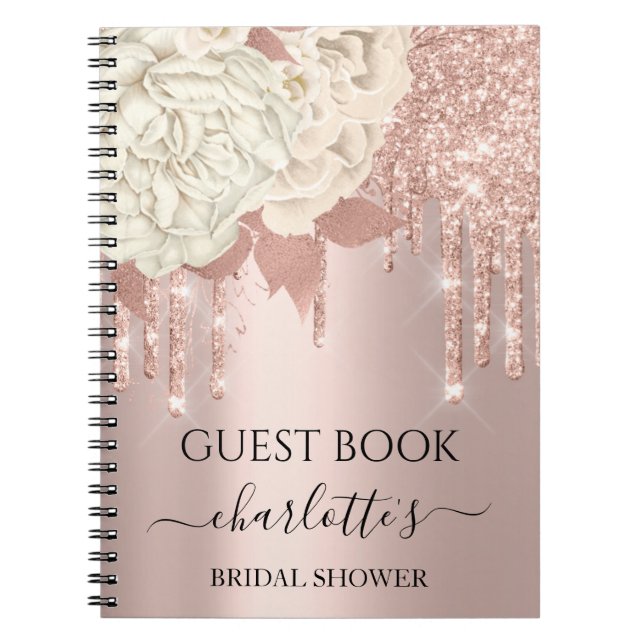 Caderno Espiral Guest Book Bridal Shower Rose Ivory Glitter Drips (Frente)