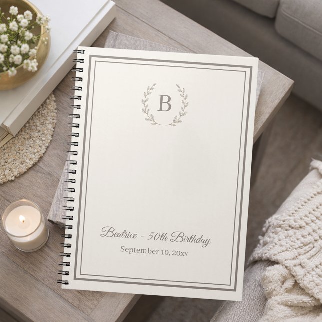 Caderno Espiral Guest Book ivory taupe Monogram Birthday budget (Criador carregado)