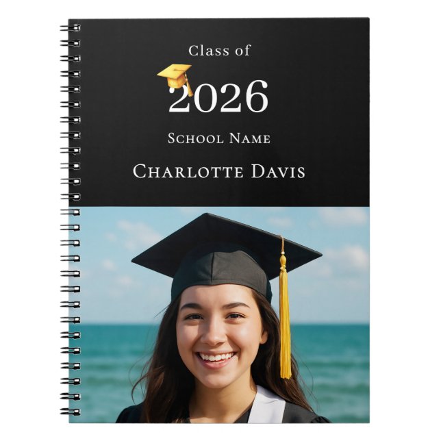 Caderno Espiral Guest Book Photo Modern Black Graduation Party (Frente)