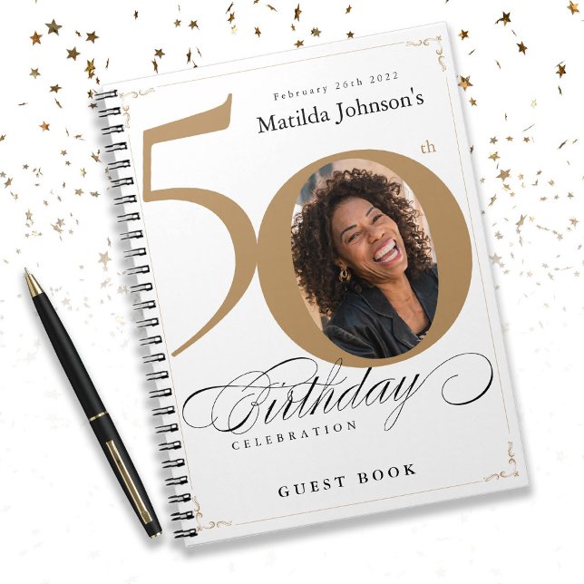 Caderno Espiral Guestbook branco Dourado Elegante 50º aniversário (50th Birthday White Gold Script Elegant Guestbook Notebook)