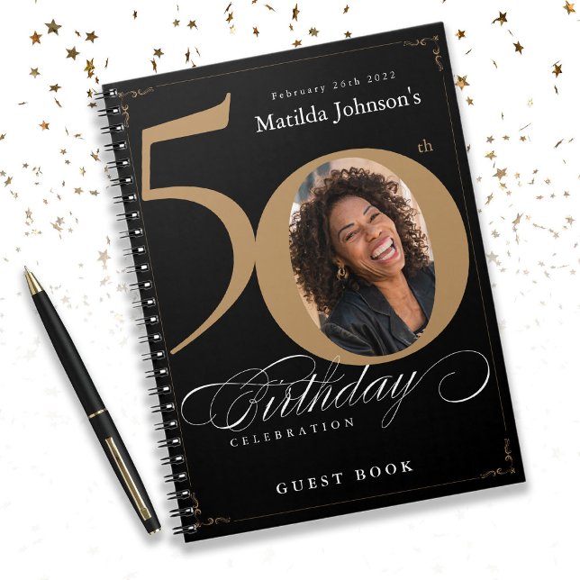 Caderno Espiral Guestbook de 50º aniversário do Elegant Black Dour (50th Birthday Elegant Black Gold Script Guestbook Notebook)