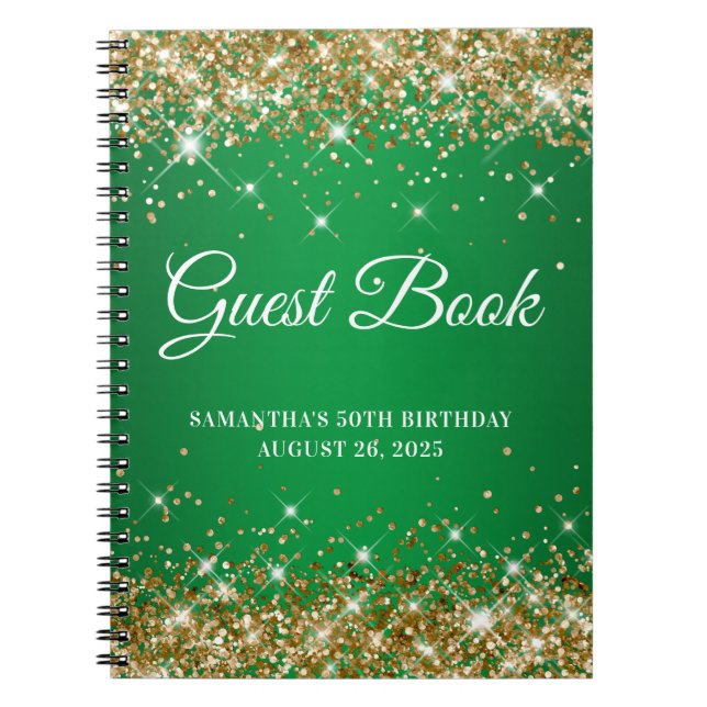 Caderno Espiral Guestbook de aniversário do Dourado Glitter Green  (Frente)