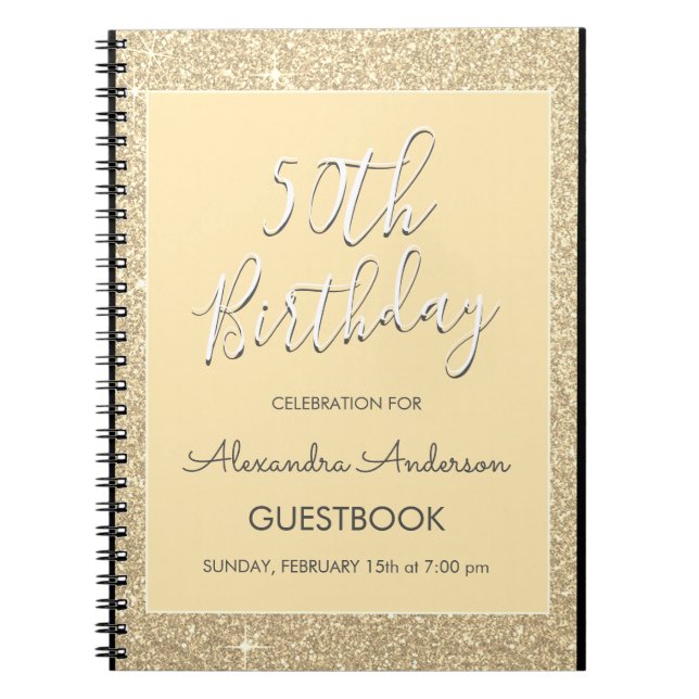 Caderno Espiral Guestbook de aniversário do Dourado Sparkle Glitte (Frente)