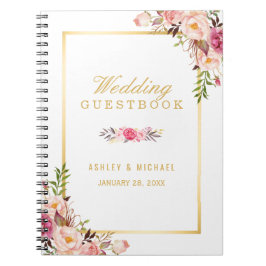 Caderno Espiral Guestbook de Casamento - Chic Dourado Floral Elega