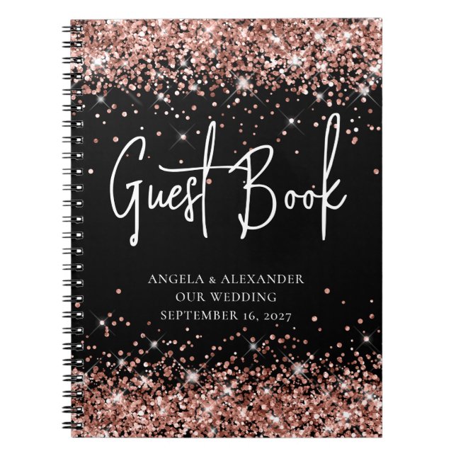 Caderno Espiral Guestbook de Casamento com Glitter Negro, rosa Dou (Frente)