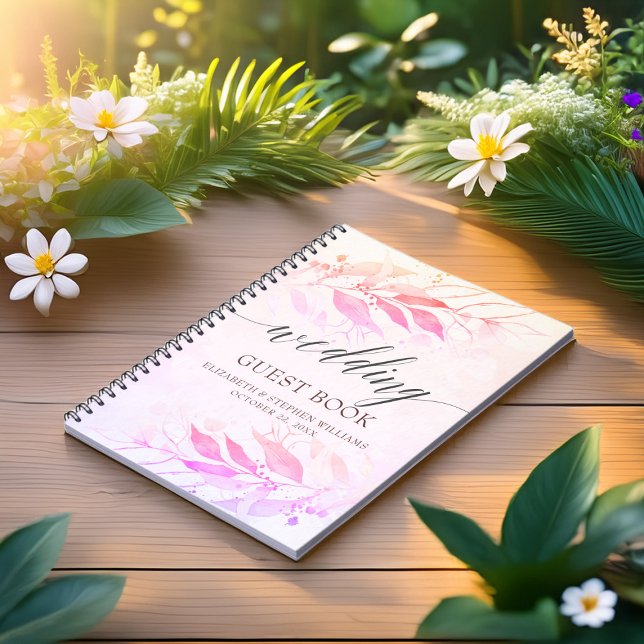 Caderno Espiral Guestbook de Casamento de Folha de Água Rosa-Quent (Criador carregado)