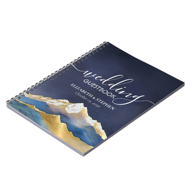 Caderno Espiral Guestbook de Casamento de Montanha Ouro Azul de Aq (Left Side)