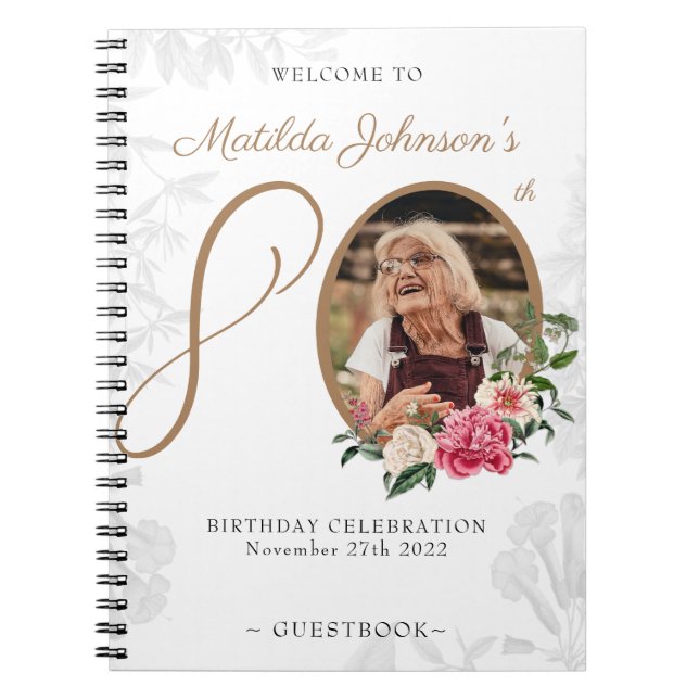 Caderno Espiral Guestbook de Foto Dourada de Aniversário Branco Fl (Frente)