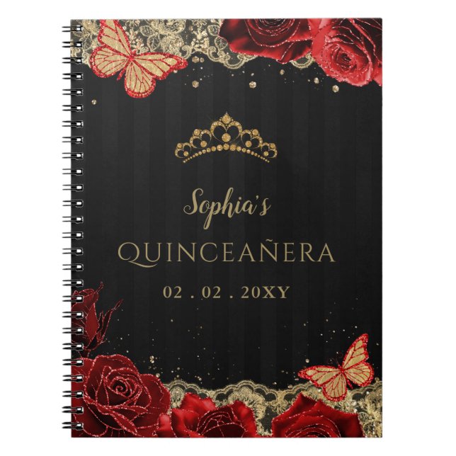 Caderno Espiral Guestbook de Lace Dourado Negro do Rosa vermelha Q (Frente)