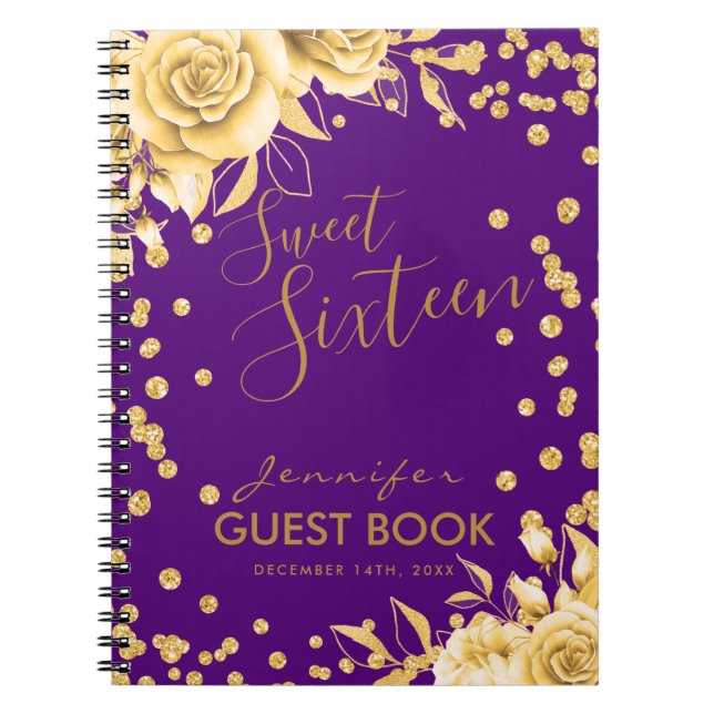 Caderno Espiral Guestbook Dourado Roxo Doce 16 Glitter Floral (Frente)