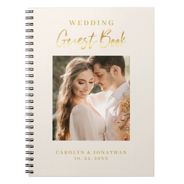 Caderno Espiral Guestbook Elegante Dourado de Casamento de Marfim (Frente)