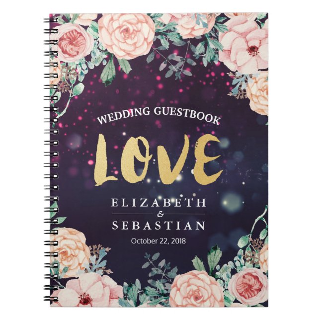 Caderno Espiral Guestbook Moderno Floral Purple Dourado Script Cas (Frente)