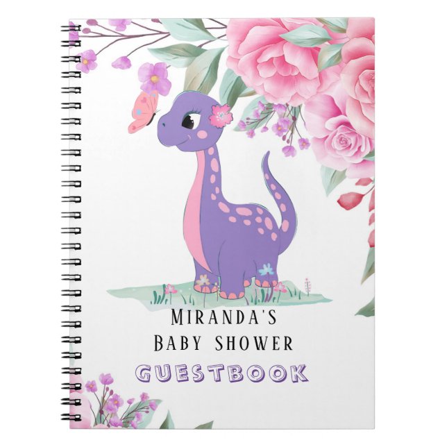 Caderno Espiral Guestbook para Chá de fraldas de Dinossauras Rosa  (Frente)
