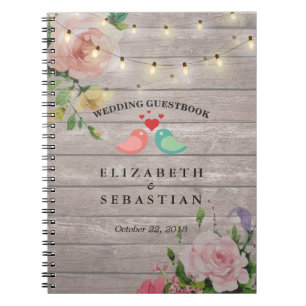 Caderno Espiral Guestbook Rustic Wood String Lights Floral Weding