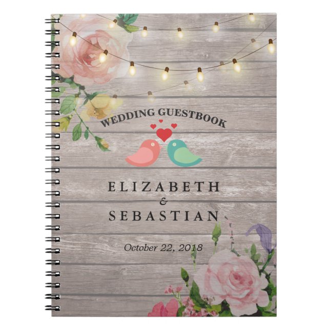 Caderno Espiral Guestbook Rustic Wood String Lights Floral Weding (Frente)