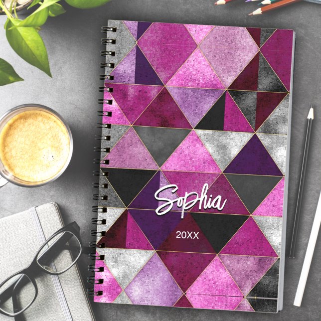 Caderno Espiral Guia de apresentação geométrica da cinza roxa-rosa (Criador carregado)