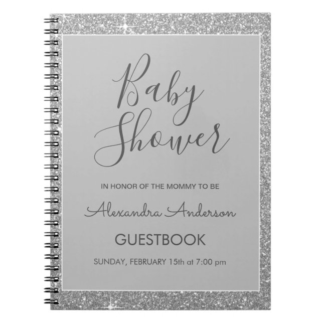 Caderno Espiral Guia do Chá de fraldas Silver Sparkle Glitter (Frente)
