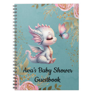 Caderno Espiral Guia do Chá de fraldas Teal Pink Dragon Butterfly
