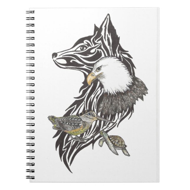 Caderno Espiral Guias animais de lobo, galinha, águia, tartaruga (Frente)