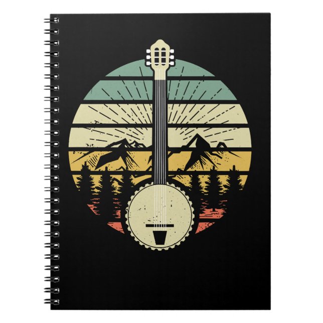 Caderno Espiral Guitar Música Retro Banjo Mountain And Sun 80s Gra (Frente)