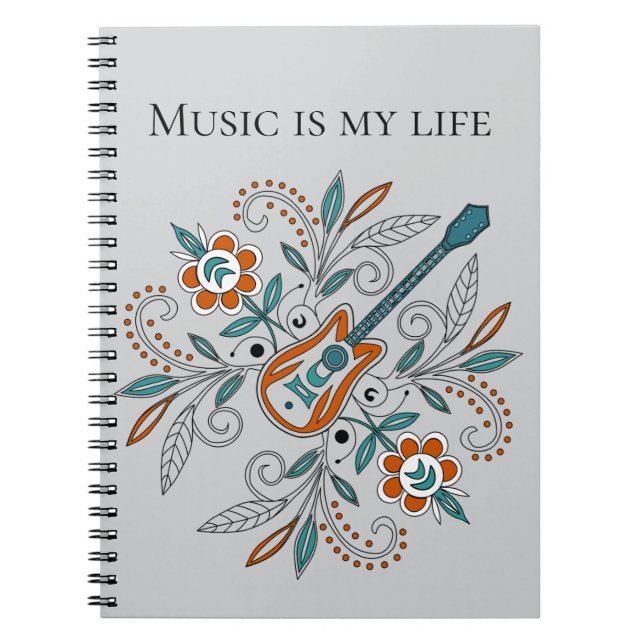 Caderno Espiral Guitarra Boho Rock’n’Roll com flores (Frente)