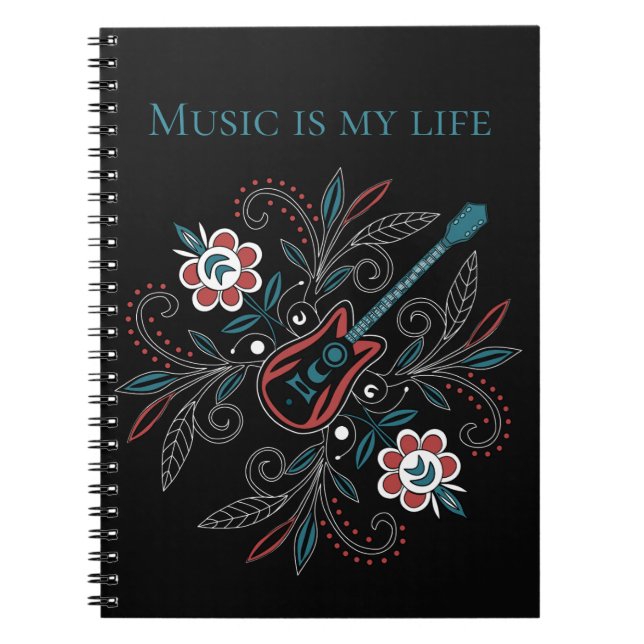 Caderno Espiral Guitarra Boho Rock’n’Roll com flores (Frente)