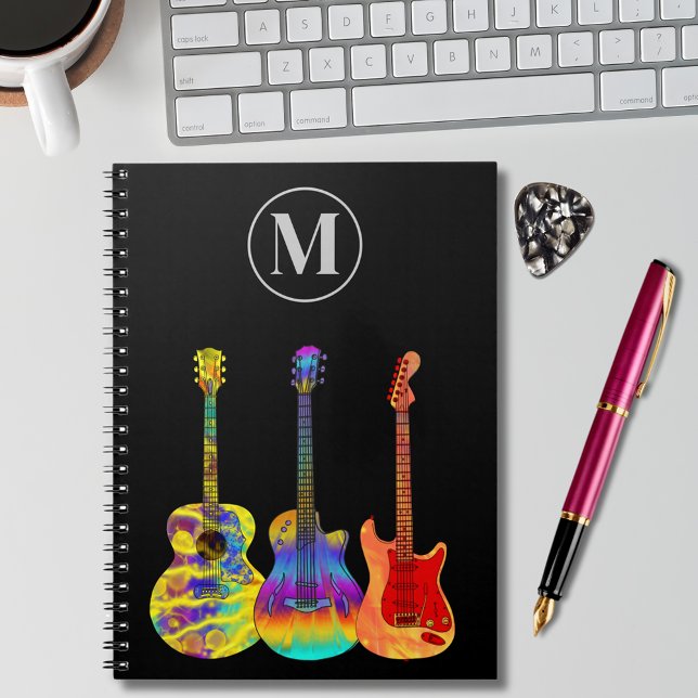 Caderno Espiral Guitarras acústicas elétricas coloridas, personali (Funky colorful guitars o black custom monogram initial notebook for songwriting guitarist musicians)