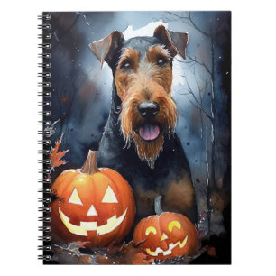 Caderno Espiral Halloween Airedale Com Pumpkins Assustado