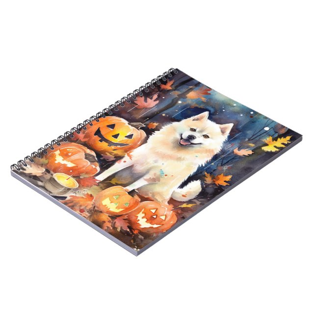 Caderno Espiral Halloween American Akita Com Pumpkins Assustado (Left Side)