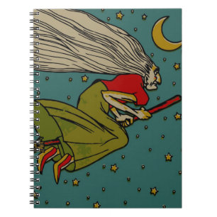 Caderno Espiral Halloween Antigo, Bruxa Má Voadora em Vassoura