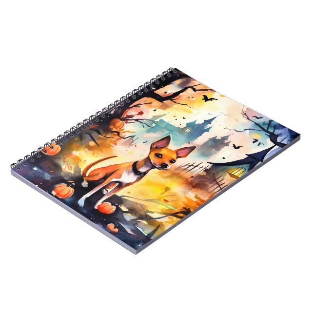 Caderno Espiral Halloween Basenji Com Pumpkins Assustado (Left Side)
