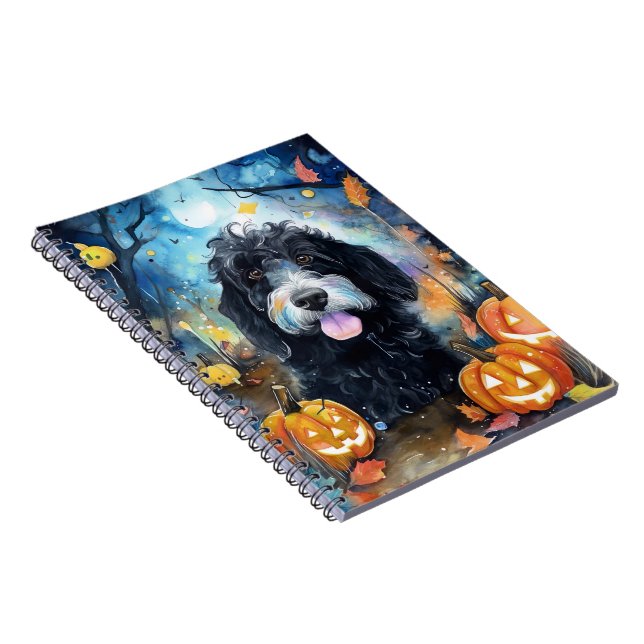 Caderno Espiral Halloween Bernedoodle With Pumpkins Scary (Lado Direito)